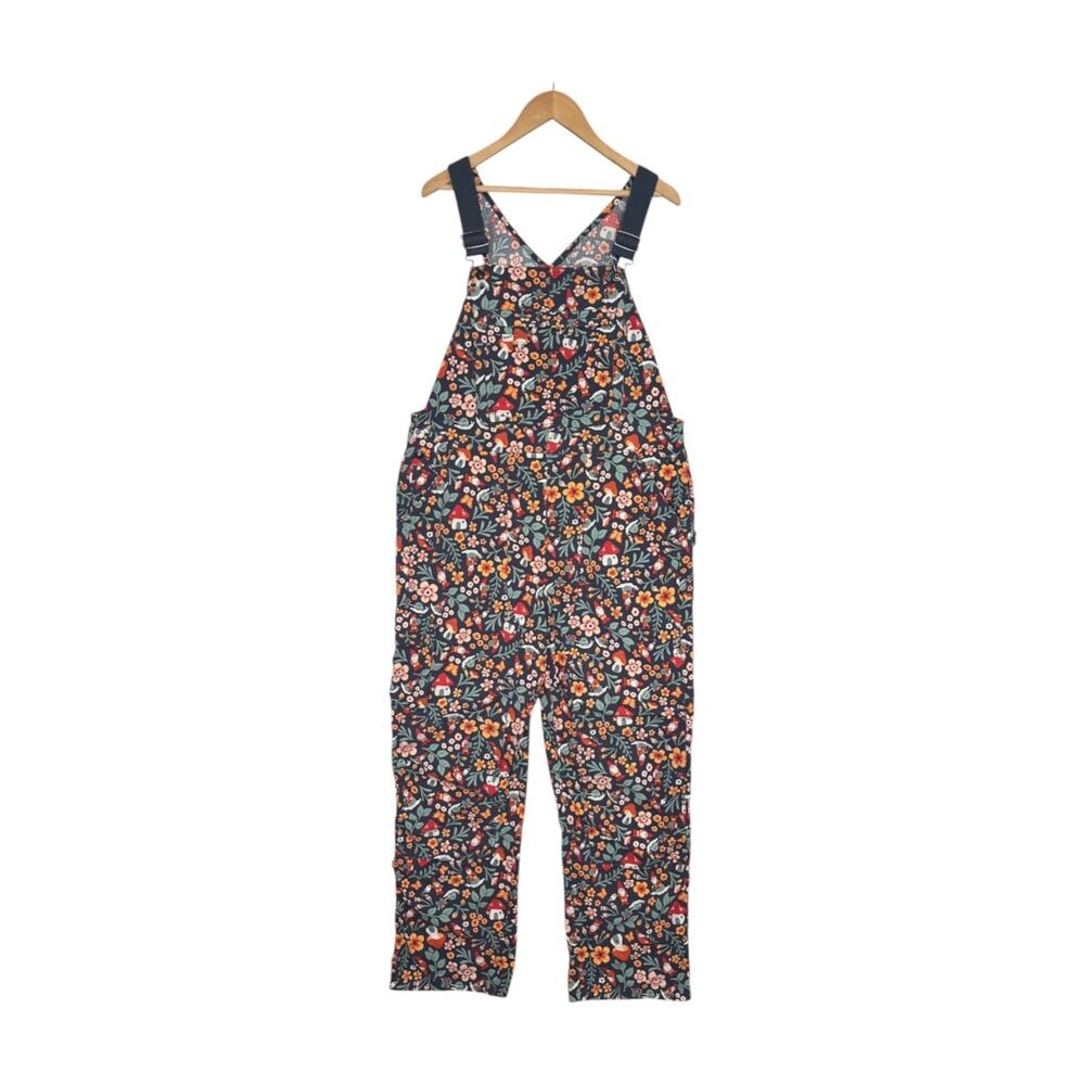 Duluth Overalls Womens L x 31 Blue Gnome Mushroom Floral Heirloom Gardening